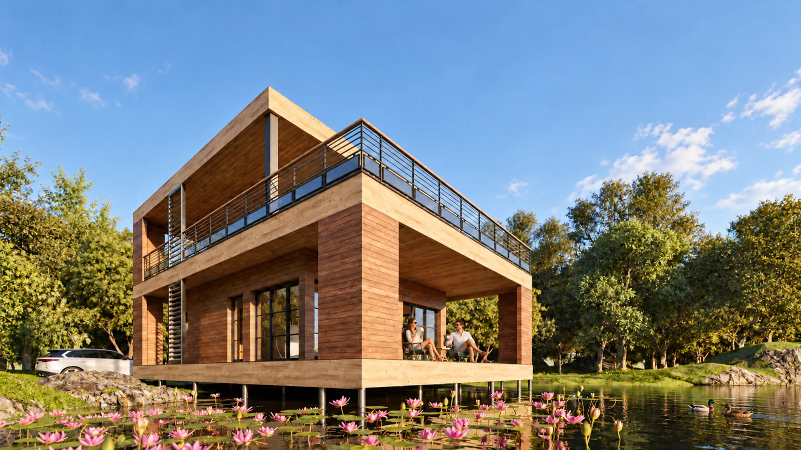 Avant-projet de mini-maison en bois avec terrasses au bord de l’eau