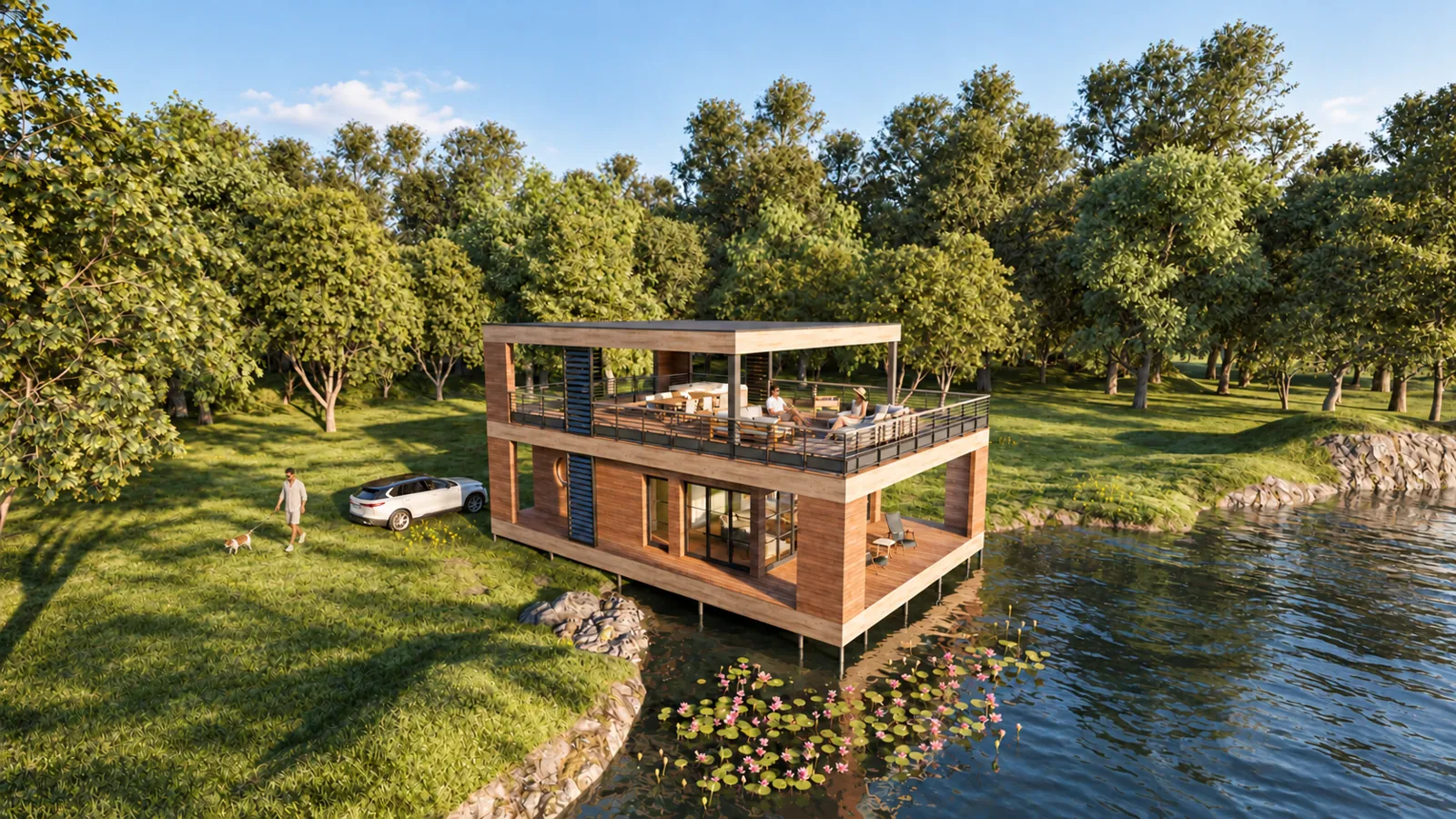 Vue d’ensemble de la mini-maison et de sa toiture-terrasse aménagée