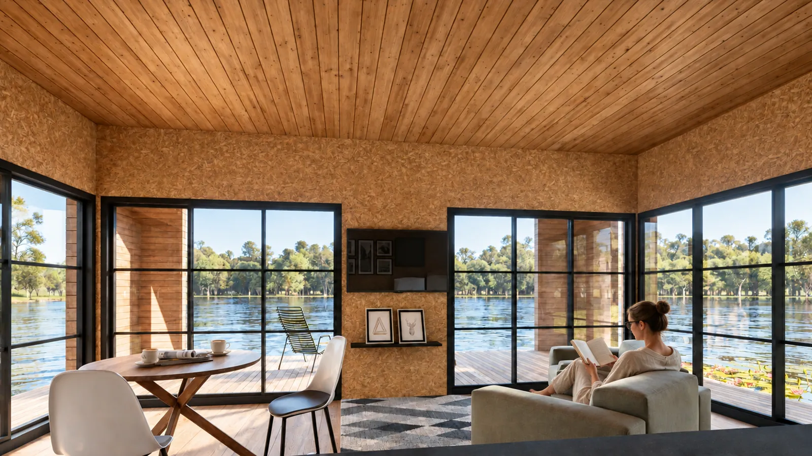 Séjour de la mini-maison avec de grandes baies ouvertes sur le paysage