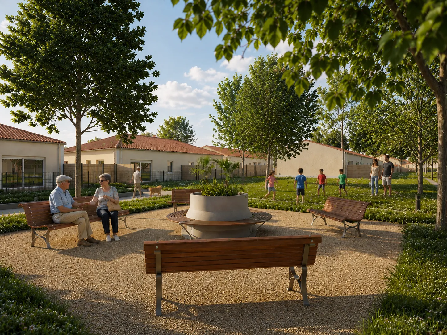 Projet résidentiel à Angliers : jardin partagé, bancs et espaces de rencontre