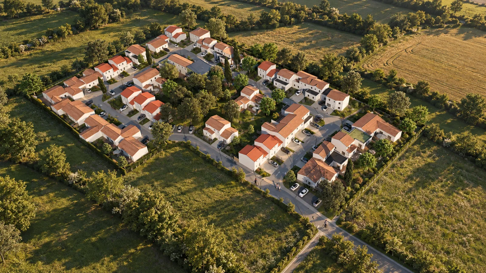 Deuxième vue aérienne du lotissement : implantation des logements et voies de desserte