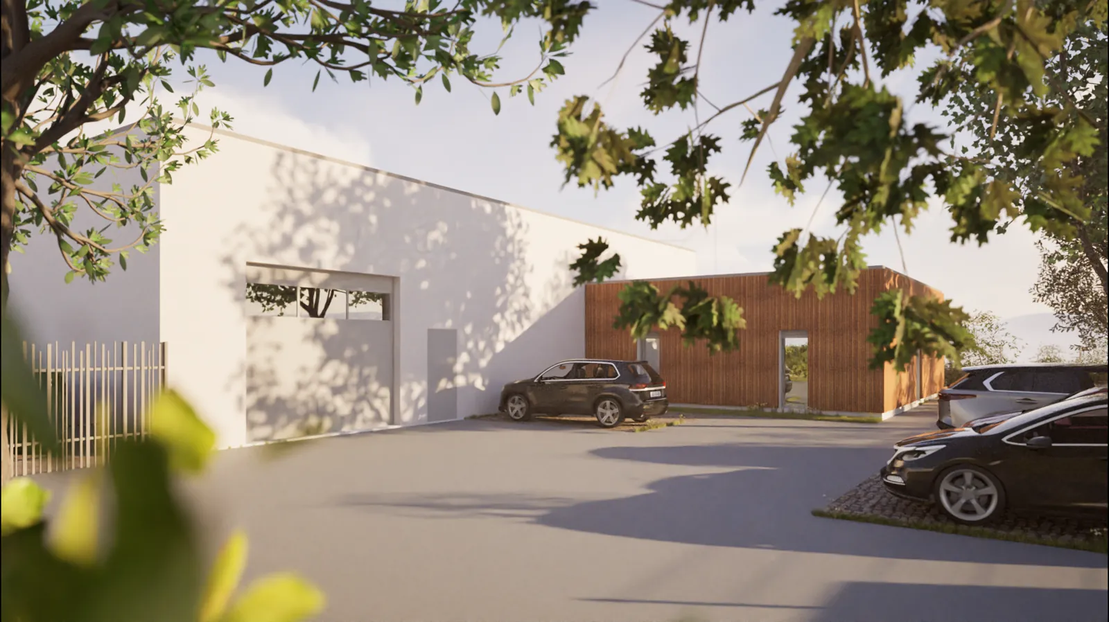 Variante architecturale de bureaux et entrepôt avec bardage bois